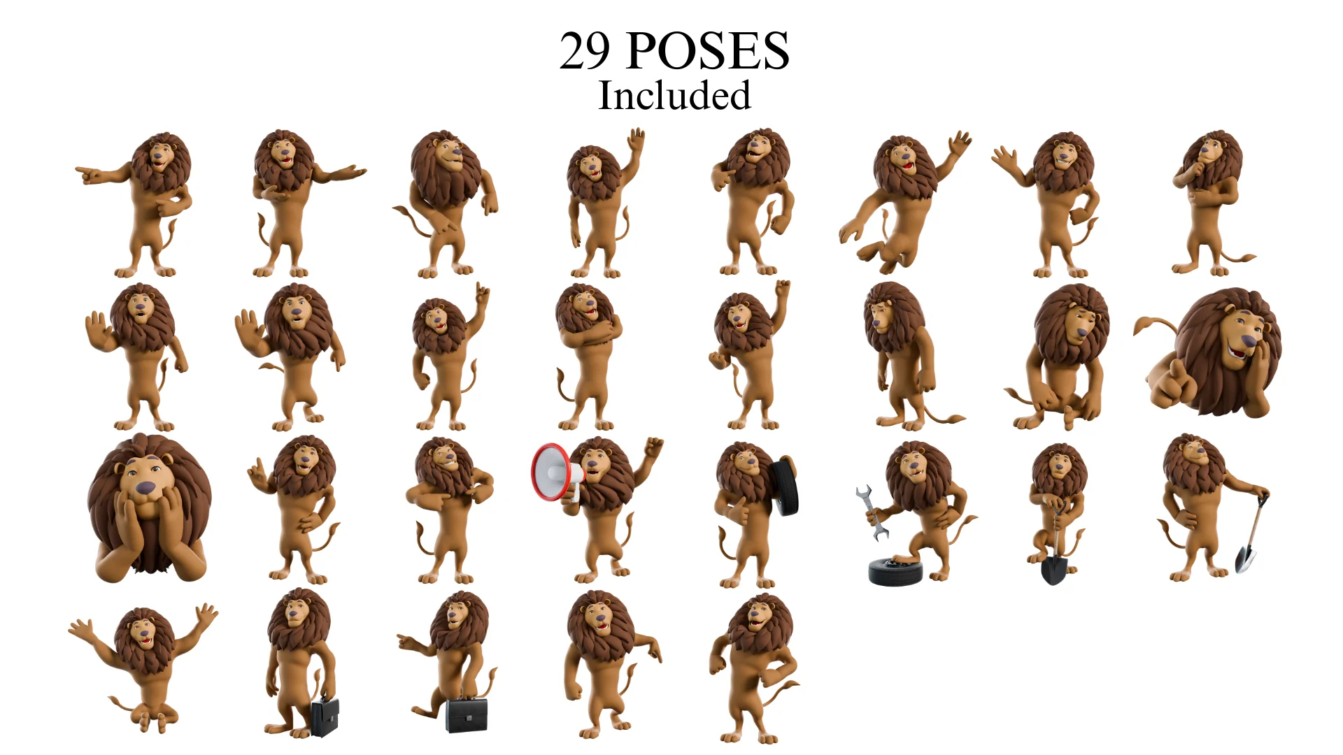 29 pre-made poses for stylized lion mascot 3D character